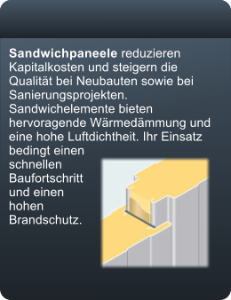 Sandwichpaneele reduzieren Kapitalkosten und steigern die Qualitt bei Neubauten sowie bei Sanierungsprojekten. Sandwichelemente bieten hervoragende Wrmedmmung und eine hohe Luftdichtheit. Ihr Einsatz bedingt einen schnellen Baufortschritt und einen hohen Brandschutz.